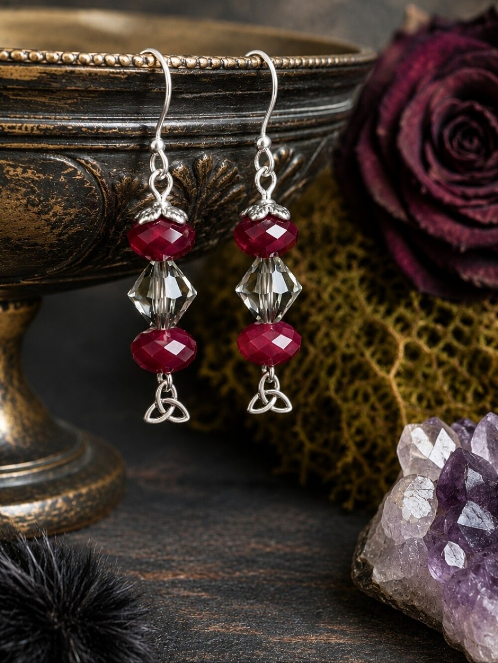 Handmade Swarovski Crystal Celtic Drop Earrings Silver Tone